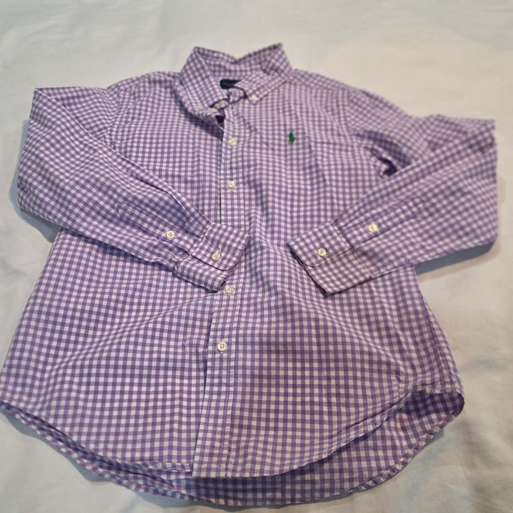 Ralph Lauren Button Down Boys L 14-16 Purple Gingham Excellent Long Sleeve Shirt